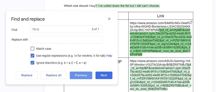 Clean up web links with RegEx in Google Docs