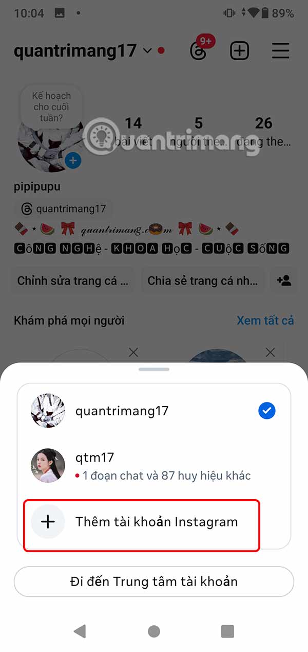 Thêm tài khoản Instagram