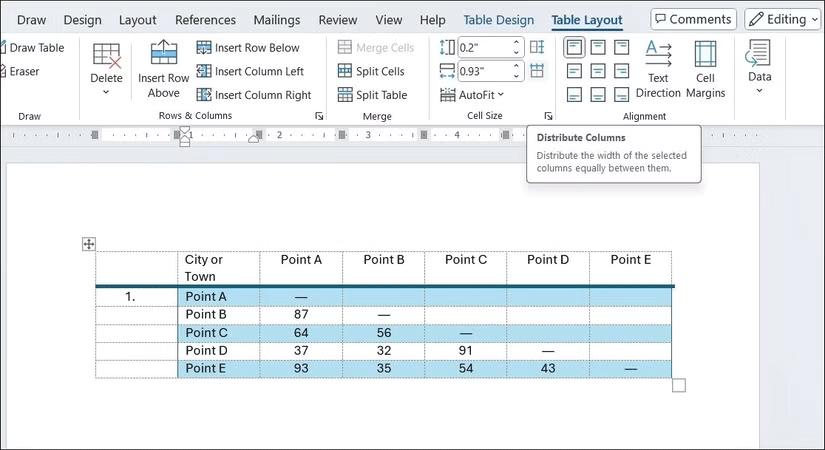 Distribute Columns option in Microsoft Word