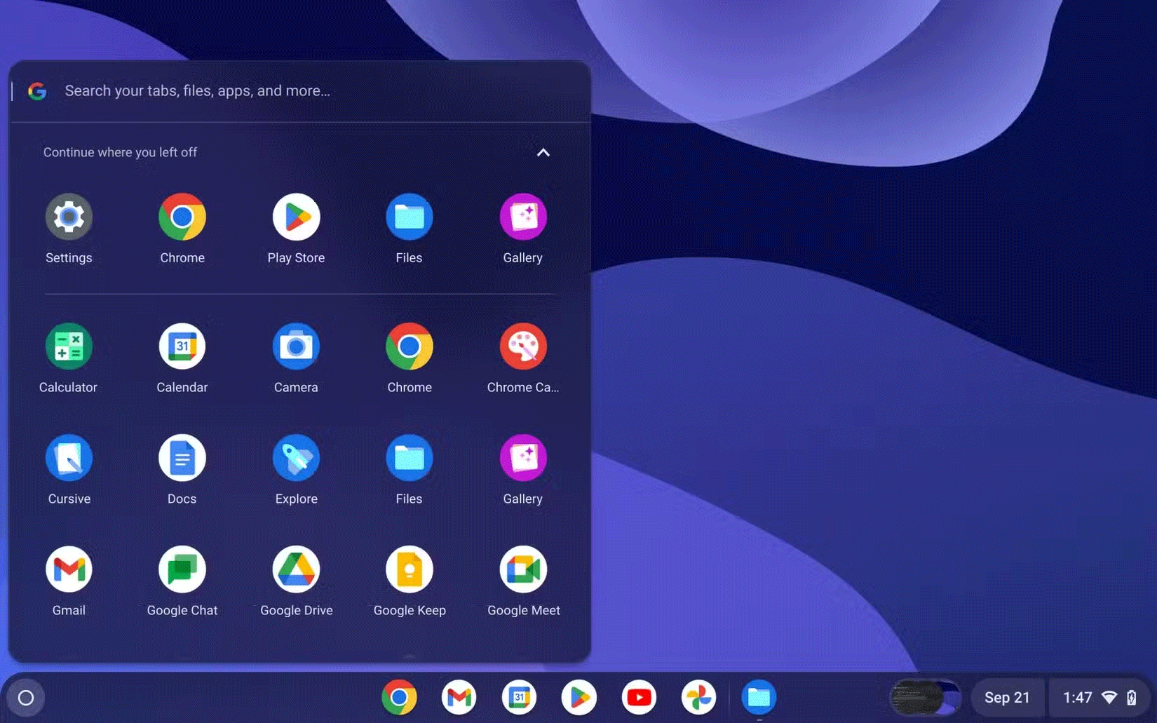 List of apps in the Chromebook menu