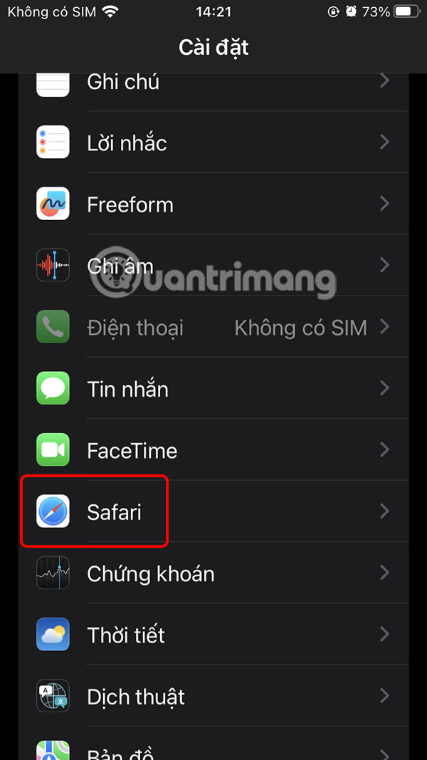 Chỉnh Safari trong Cài đặt 