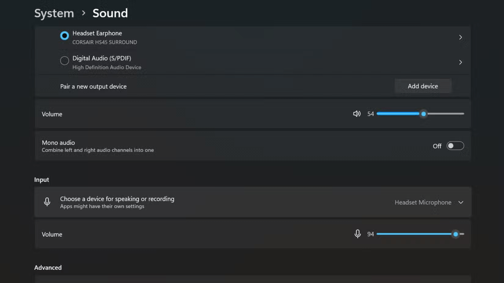 Input section in Windows 11 sound settings window