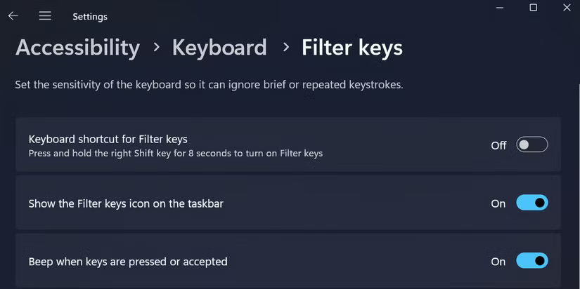 Ứng dụng Settings có tùy chọn Filter Keys đã tắt