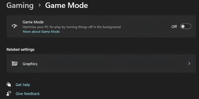 Ứng dụng Settings có tùy chọn Game Mode đã tắt