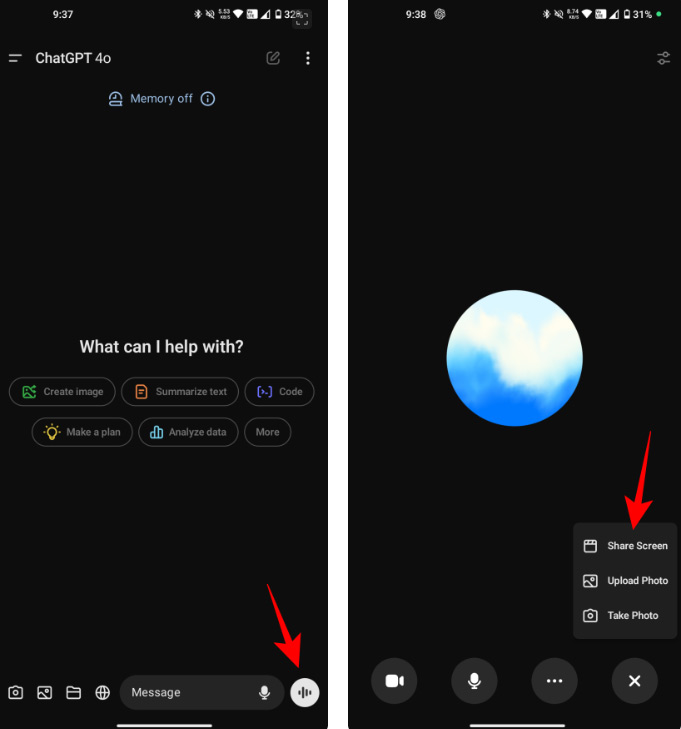 Instructions for sharing screen video with ChatGPT Voice