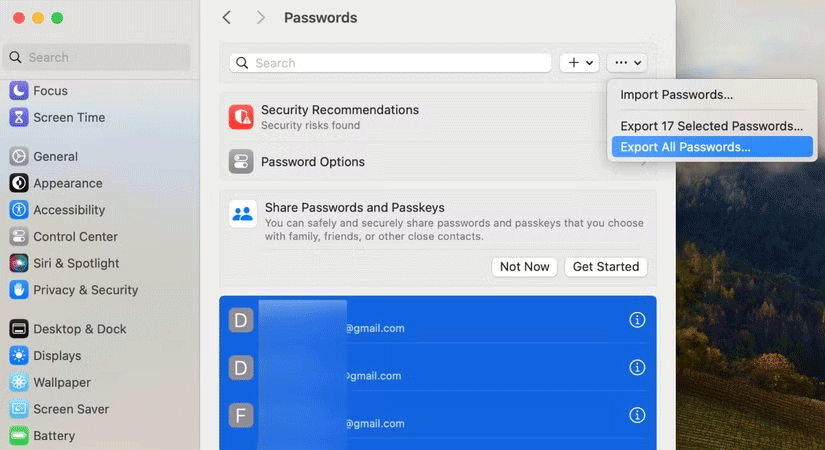 Export Passwords option on Mac