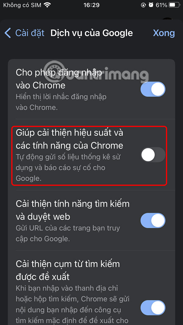 Ngăn Chrome gửi báo cáo sự cố trên điện thoại 