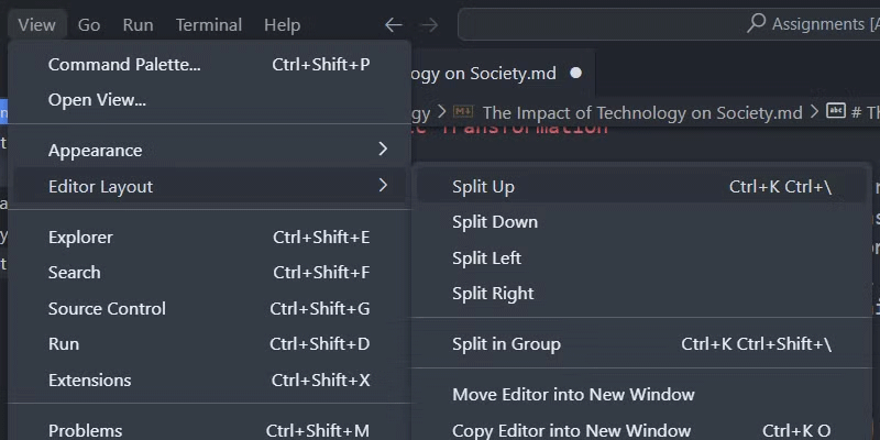 Split editor in VS Code on Windows.