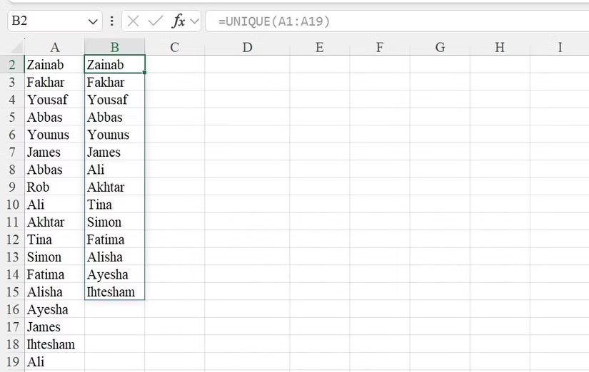 Extract a list of unique names from a column in Excel.