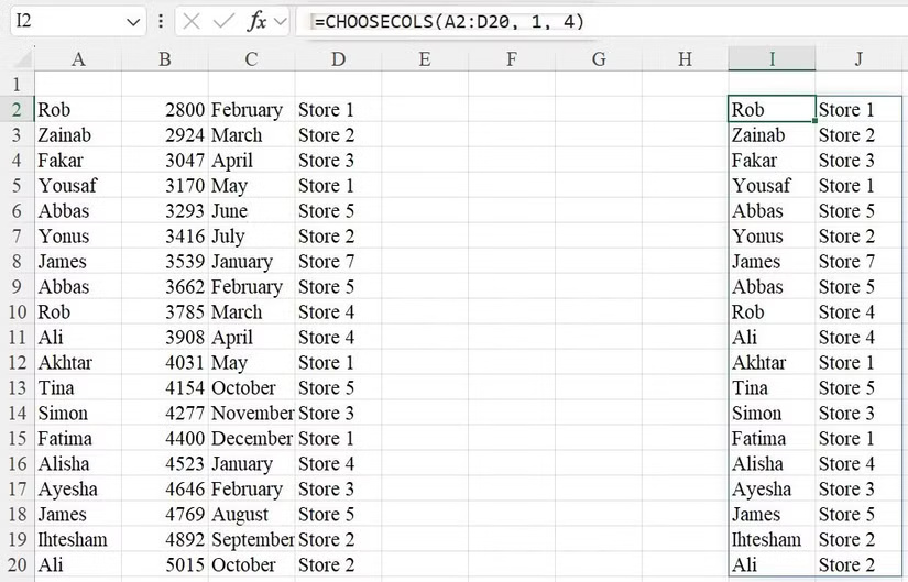 Extract specific columns from a dataset range in Microsoft Excel.