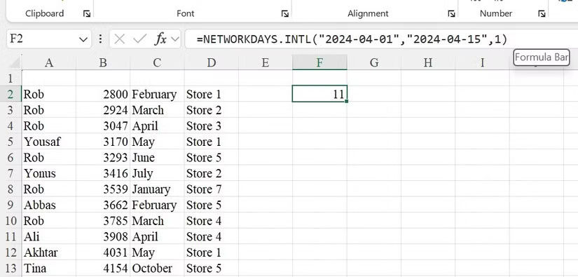 Calculate the number of days between April 1 and April 15 in Microsoft Excel.