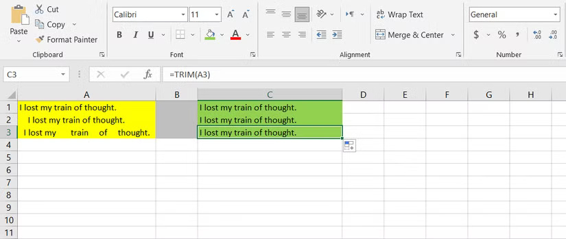 Output of the TRIM function in Excel.