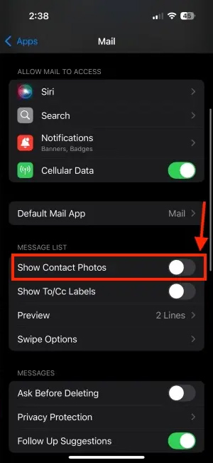 Turn off iPhone Mail photos