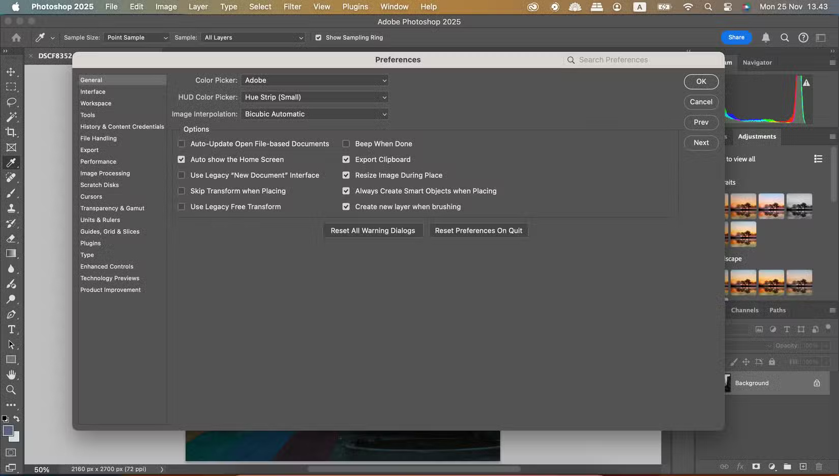 Reset options in Adobe Photoshop