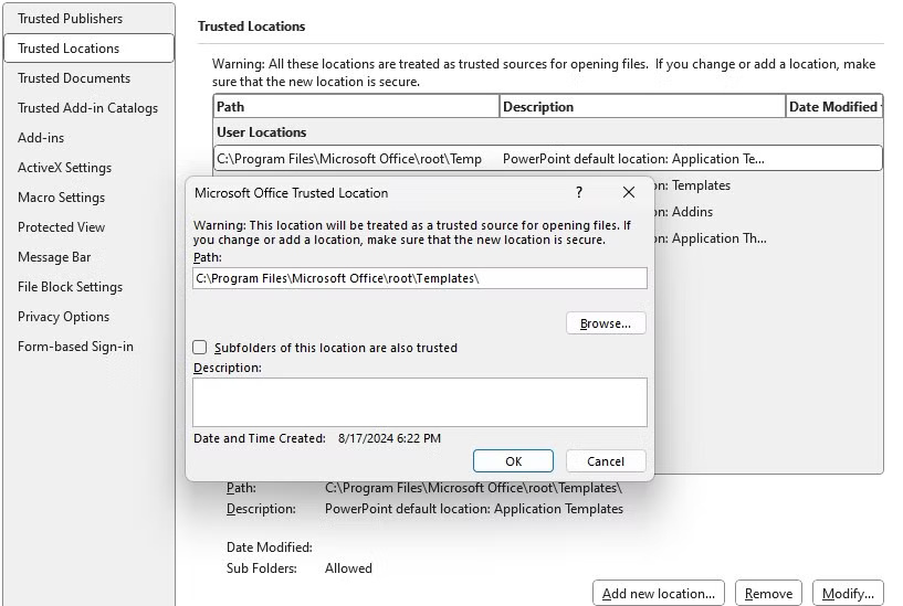 Add a new trusted location to Microsoft PowerPoint Trust Center