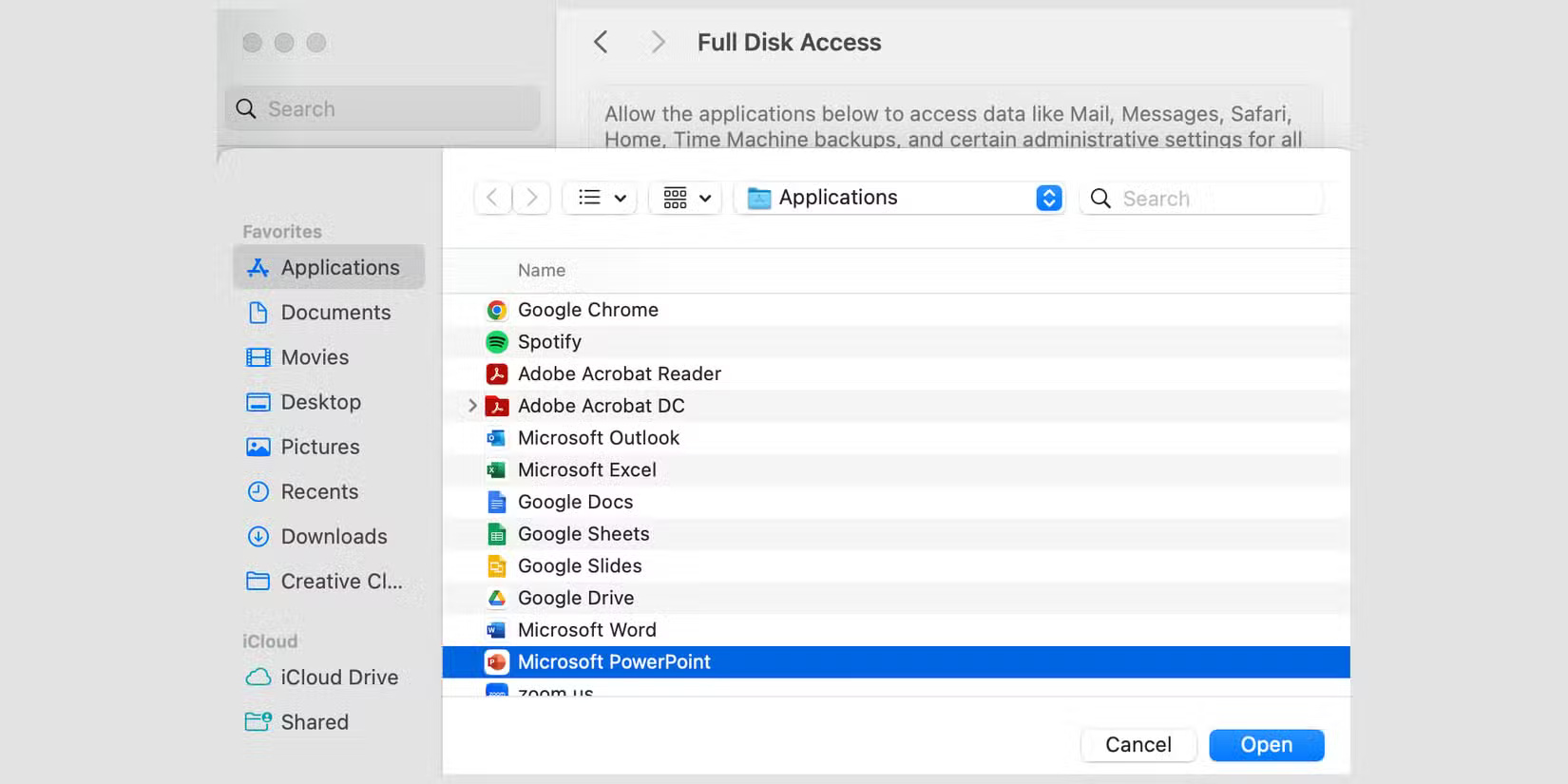 Adjust security settings to grant full drive access to Microsoft PowerPoint.