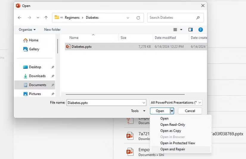 Open and repair option in Microsoft PowerPoint