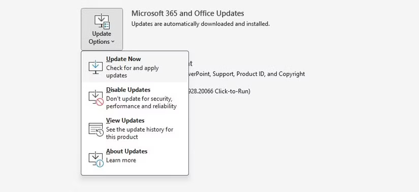 Update options in Microsoft PowerPoint