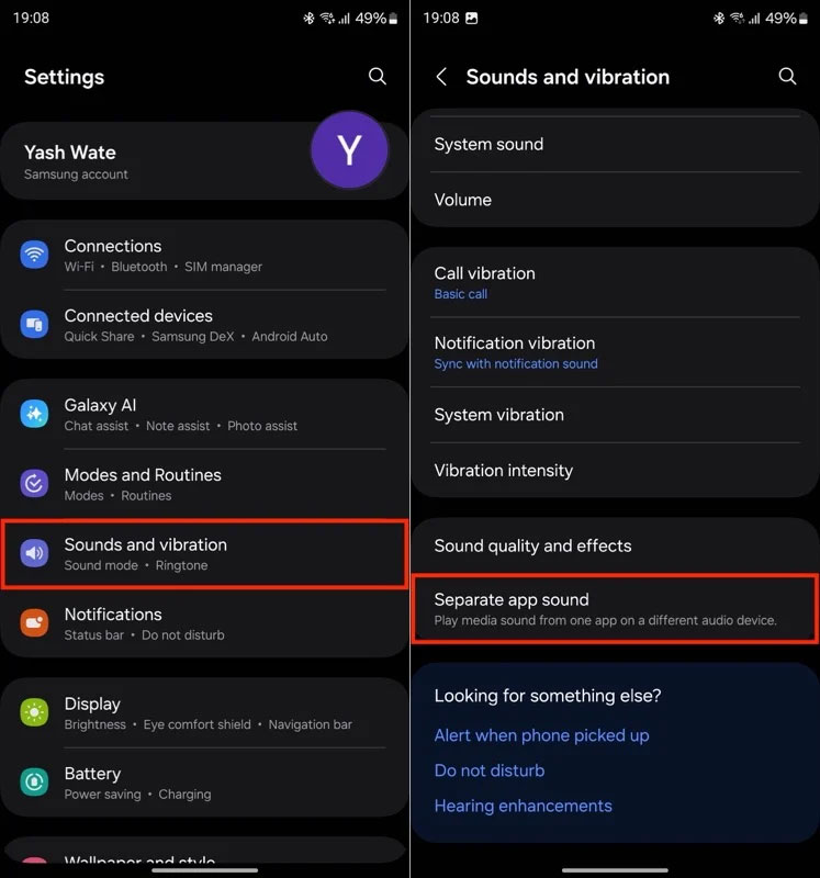 Separate audio feature on Samsung