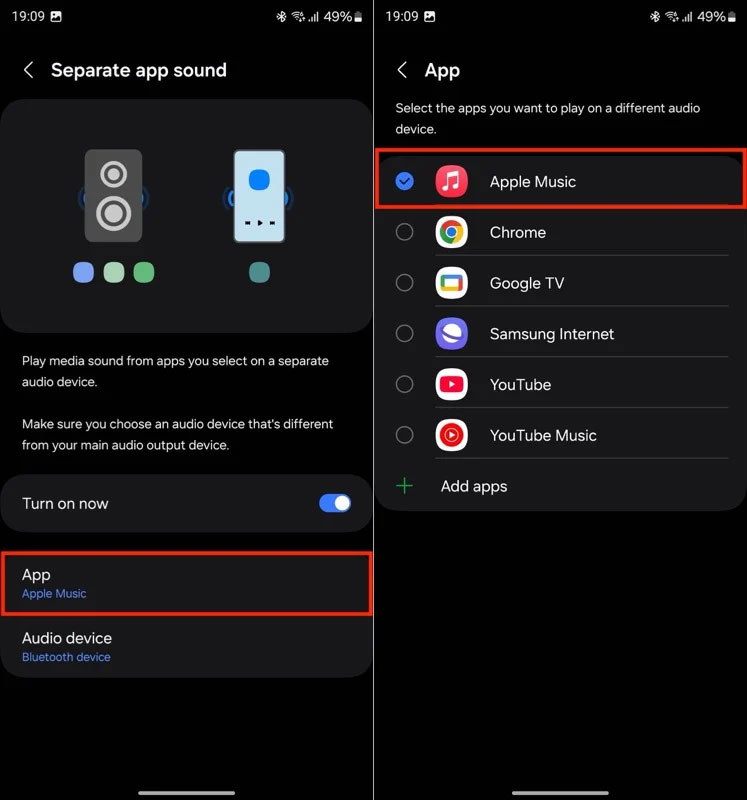 Select separate audio application on Samsung