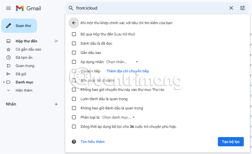 Tạo tùy chọn bộ lọc trong Gmail