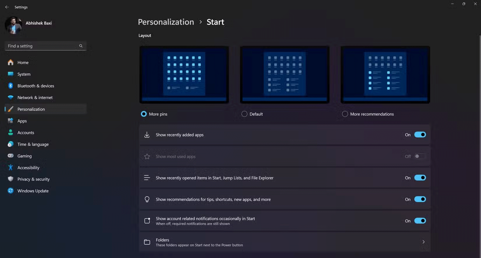 Cài đặt bố cục cho menu Start trên Windows 11