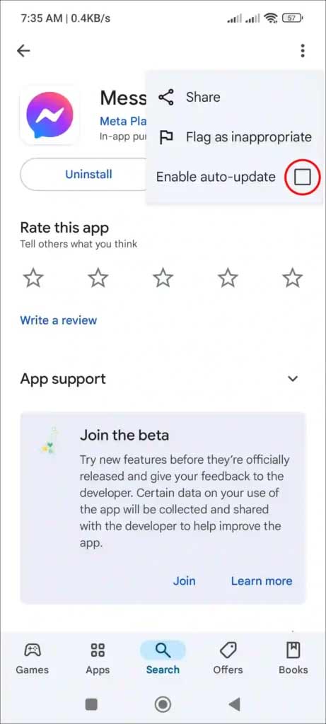 Turn off Messenger app updates in Play Store