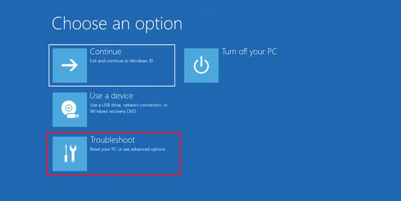 Windows Recovery Environment page with the Troubleshoot option selected