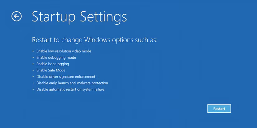 Windows Recovery Environment page with Startup Settings option