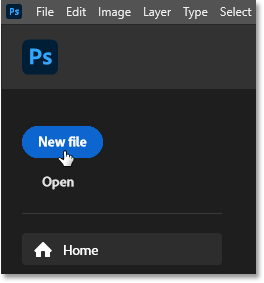 Nhấp vào nút New file trên màn hình chính của Photoshop