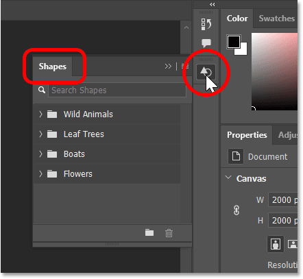 Bảng Shapes của Photoshop mở ra trong cột bảng phụ