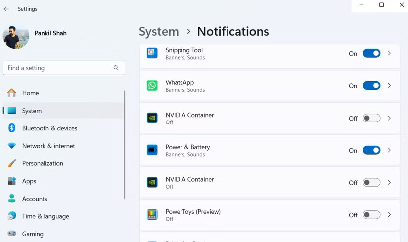 Set notifications for specific applications on Windows 11