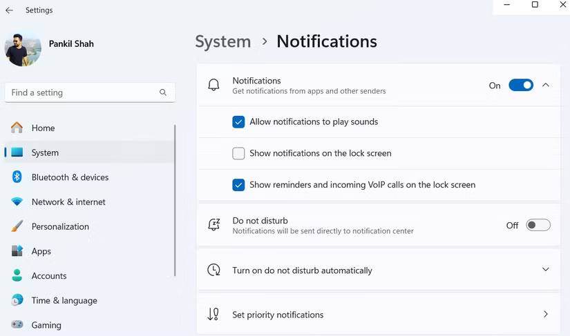 Notification settings in the Windows 11 Settings app