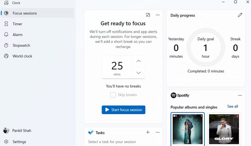 Focus Sessions tab in the Windows 11 Clock app