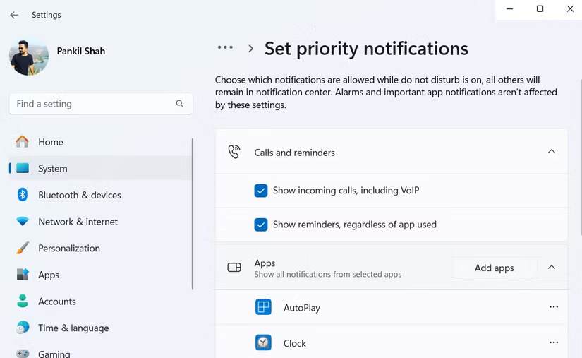 Priority notifications in the Windows 11 Settings app