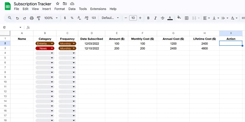 Google Sheets subscription tracker template