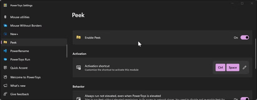 PowerToys application with open peek tab in Windows 11