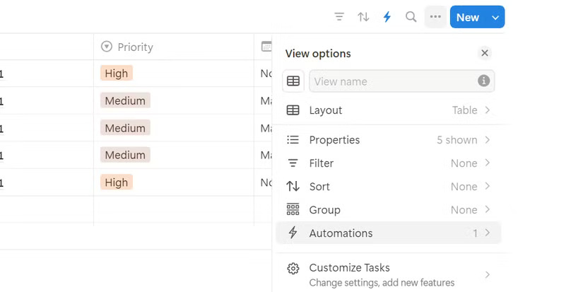 Linked database options in Notion.