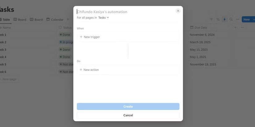 Pop-up window to create automation in Notion.