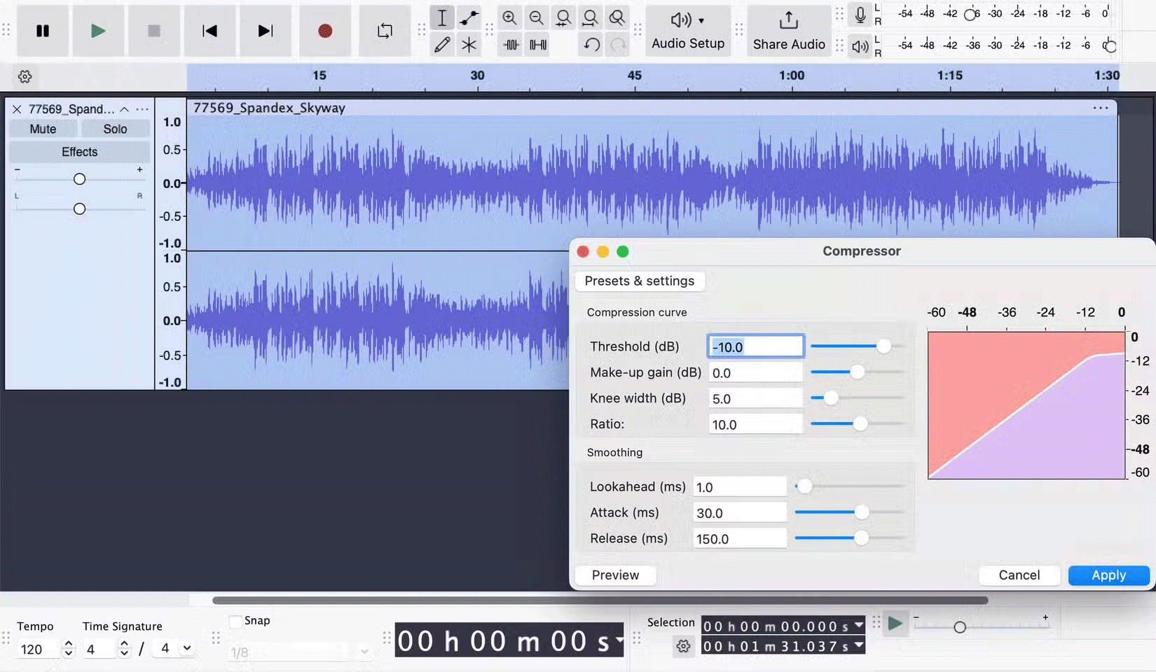 Audacity with compression plugin selected.