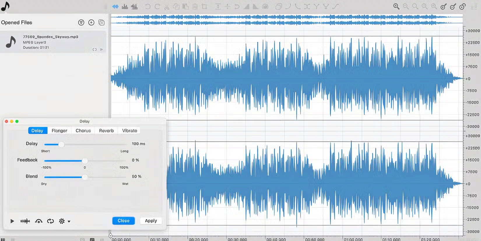 Ocenaudio with delay effect selected.