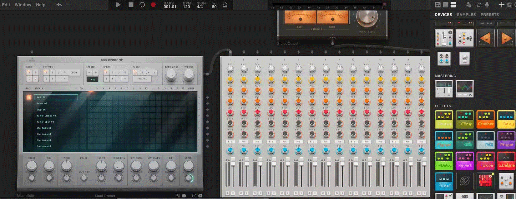 Mixing and effects tools in the Audiotool user interface