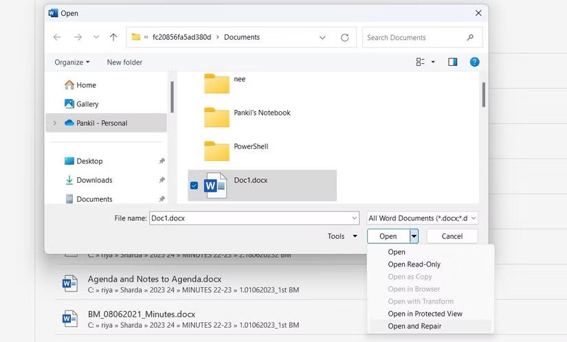 Tùy chọn Open and Repair cho tài liệu Word