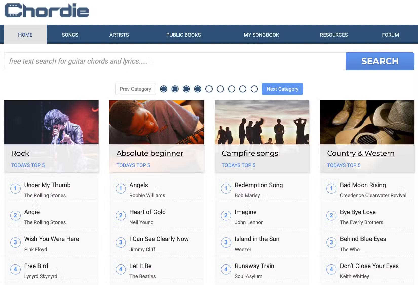 The Chordie homepage has songs for beginners