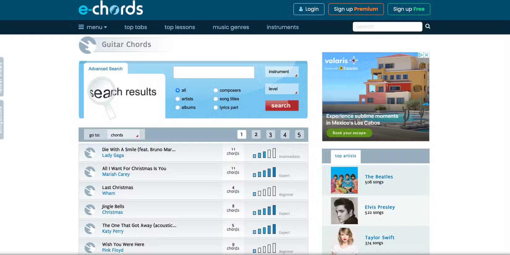 The E-Chords tab page features songs like Last Christmas and Die With A Smile