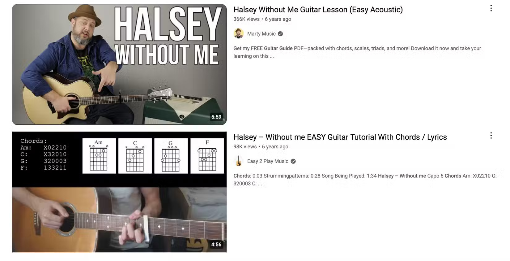 YouTube guitar chord results for Without Me by Halsey