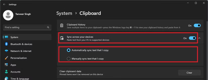 Turn on Windows 11 Clipboard synchronization