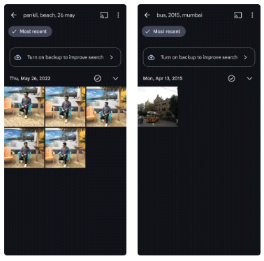 Google Photos' search feature filters images based on subject, year, and location