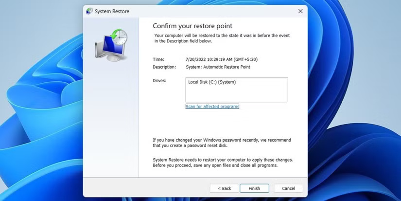 System Restore dialog box on Windows