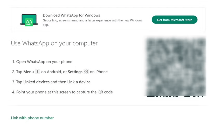 The WhatsApp web login page displays a QR code to scan.